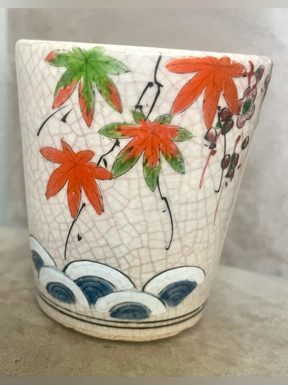 Vintage Japanese Yunomi Tea Cup Signed Maple Crackle Glaze